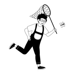 Child joyfully chasing a butterfly with a net in a sunny park during the afternoon