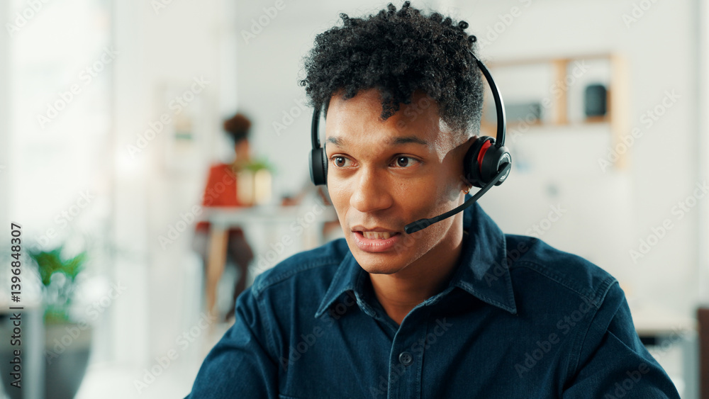 Aufkleber headset, support and telemarketing with man in call center for assistance, help or lead generation. 