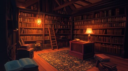 retro bookshelf filled with ancient books brings warmth to the dark university library, providing a peaceful atmosphere for academic study.