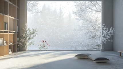 simple room with an unobstructed view of the snow falling quietly outside, creating a serene atmosphere that fills the space with peaceful energy.
