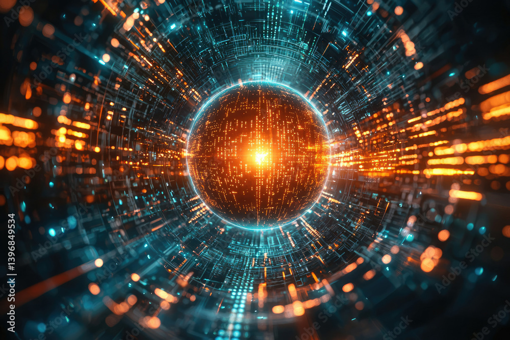 Poster Abstract digital sphere emitting vibrant light, surrounded by intricate network of lines and data streams, conveying technological innovation and connectivity.