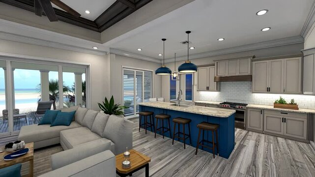 Coastal Living Room Design: Open Concept Kitchen and Beach View