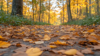 Obraz premium Low Angle Shot of Autumn Forest Path Covered with Fallen Brown and Yellow Leaves with Bright Sunlight and Slightly Blurred Tree Backgrounds