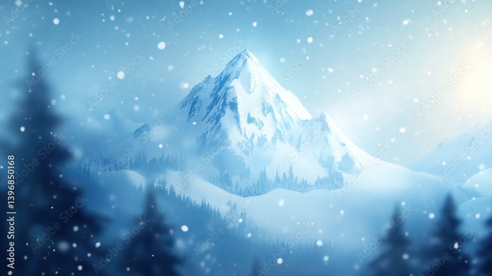 Poster snowy mountain peak with falling snow and blurred pine trees in foreground.