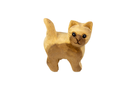 A wooden toy cat  the toy cat isolated on a white background