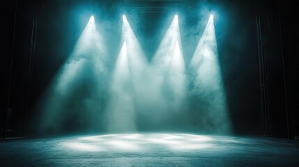 dark room is energized by spotlights, which shine down on the stage floor, creating glowing pools of light that draw attention and add excitement to the space.