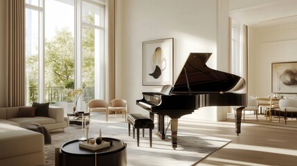 black piano stands in the modern living room, its elegant form fitting perfectly into the room sophisticated, contemporary style.