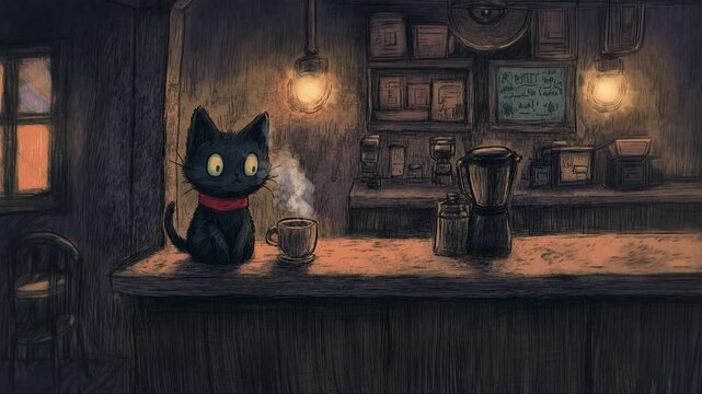 A cute black kitten in red choker at a coffee shop, A cat savoring the aroma of coffee with its eyes closed, coffee cup next to him, Warm colors of purple and orange. Lofi art, anime, Asmr.