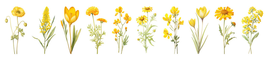 PNG Yellow floral botanical illustrations collection, elements on transparent background