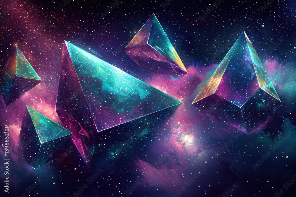 Poster Abstract crystalline pyramids float against a vibrant cosmic backdrop with swirling nebulas and glittering stardust, creating a surreal, celestial spectacle.