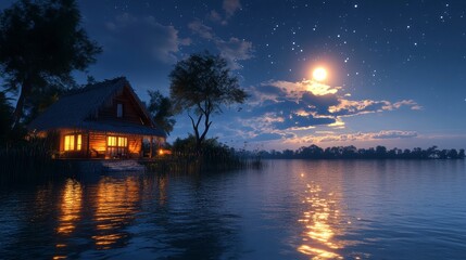 Fototapeta premium Cabin illuminated by moonlight reflecting in serene lake at night