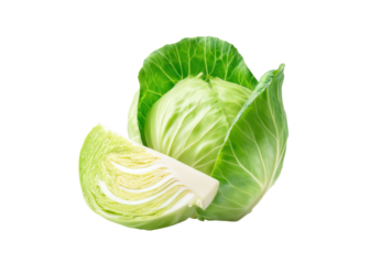 Fresh green cabbage with a cut slice on a white background. Healthy eating and vegetarian food concept.