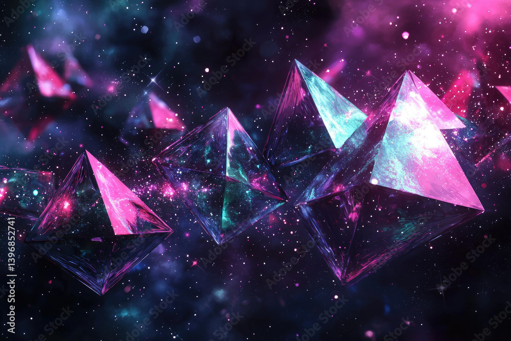 Poster mystical pyramids float against a deep space backdrop filled with stars, cosmic dust, and vibrant pi