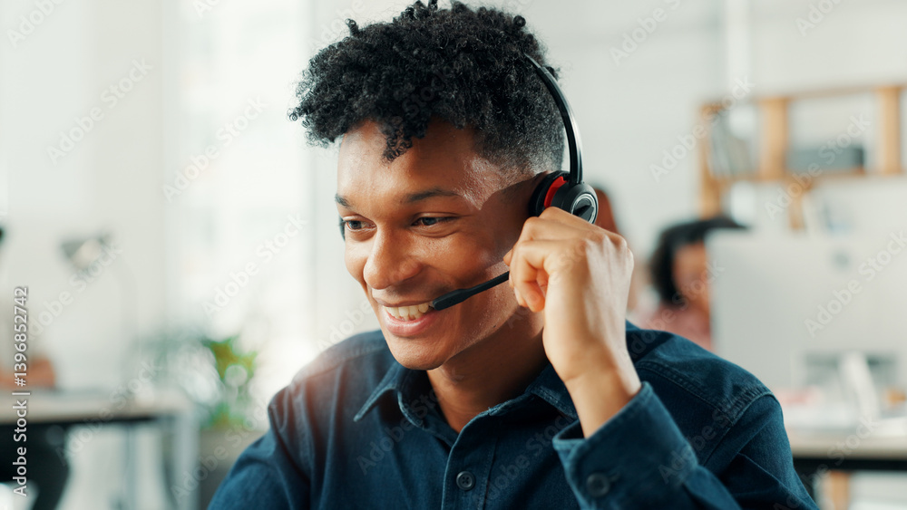 Aufkleber consulting, smile and support with man in call center for assistance, help or lead generation. commu