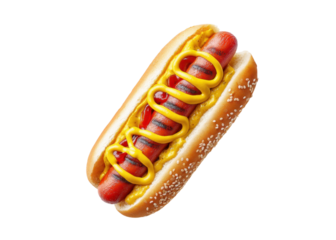 Delicious hot dog with mustard and ketchup on a white background. Perfect for fast food and summer picnic themes.