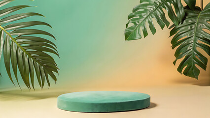 Obraz premium Tropical Green Velvet Podium Display with Lush Foliage Backdrop