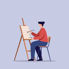 Fototapeta premium A young artist focused on creating a masterpiece at an easel in a minimal style vector illustration