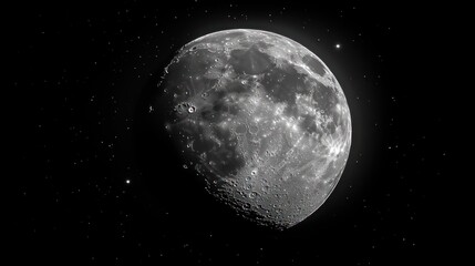 Gibbous moon in dark night sky with stars.