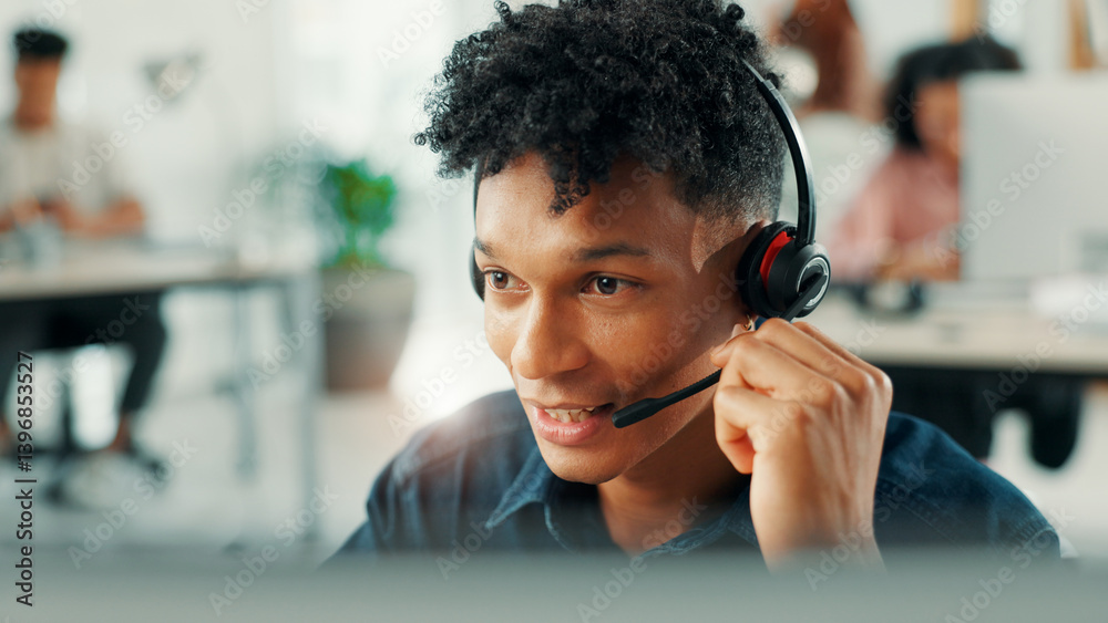 Poster Computer, contact us and headset with man in call center for assistance, help or lead generation. Communication, microphone and support with virtual assistant at work in customer service for feedback