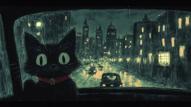 A black cat in red choker driving on the road, on both sides of the road were buildings glowing at night. Lofi art, anime, Asmr.