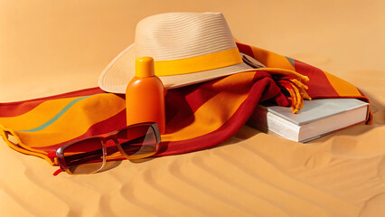 Summer Essentials A Still Life Composition of Beach Hat, Sunscreen, Sunglasses, and Book