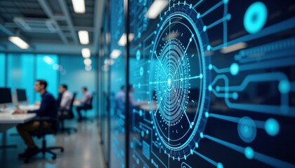 High-tech digital display with data visualization in an office setting with focused employees working