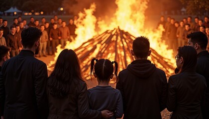 Group of people gathered around a large bonfire at night, basking in its warm glow and ambiance