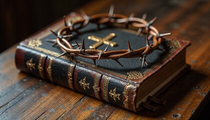 Holy book with a crown of thorns resting on a rustic wooden surface, symbolizing faith and sacrifice
