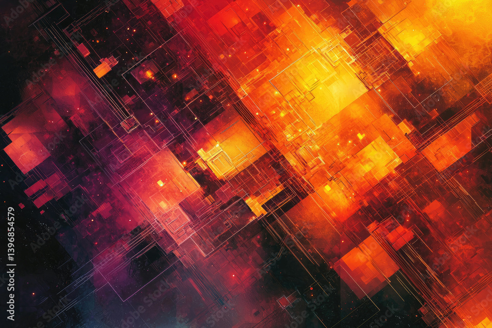 Poster Fiery digital abstract with geometric shapes, vibrant gradients, and intersecting lines creating a futuristic technological network aesthetic.