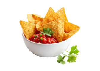 Bowl of tortilla chips with salsa and cilantro. Appetizer, snack, or party food. Isolated on white.