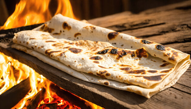 Freshly baked lavash bread rests on wooden surface, showcasing its golden brown texture and slight char from fire, evoking warmth and tradition