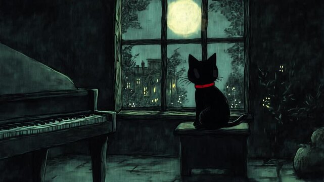 Simple room, window with rainy night view, grand piano, one cute black cat in red choker looking at the window. Painterly hand drawn illustration.
Lofi art, anime, Asmr.