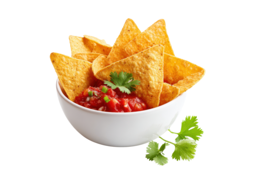 Bowl of tortilla chips with salsa and cilantro. Appetizer, snack, or party food. Isolated on white.