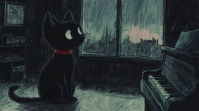 Simple room, window with rainy night view, grand piano, one cute black cat in red choker looking at the window. Painterly hand drawn illustration.
Lofi art, anime, Asmr.