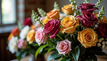 Obraz premium Colorful rose bouquet in bright sunlight on wooden table with natural background