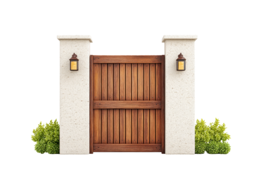 Wooden gate with stone pillars and lanterns, isolated on white. Entrance to a garden or backyard. Architecture and landscaping concept.