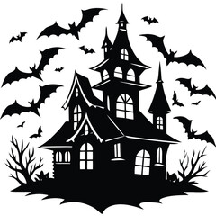 Spooky House Silhouette with Bats Flying Around, Full Moon and Bare Trees Black Icon
