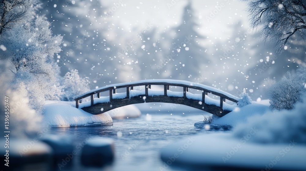 Poster snowy winter scene with wooden bridge over a calm stream, surrounded by snow-covered trees and falli