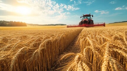 Fototapeta premium Under a warmly lit sky, a robust tractor diligently plows through expansive golden wheat fields, cultivating the land during a tranquil late afternoon