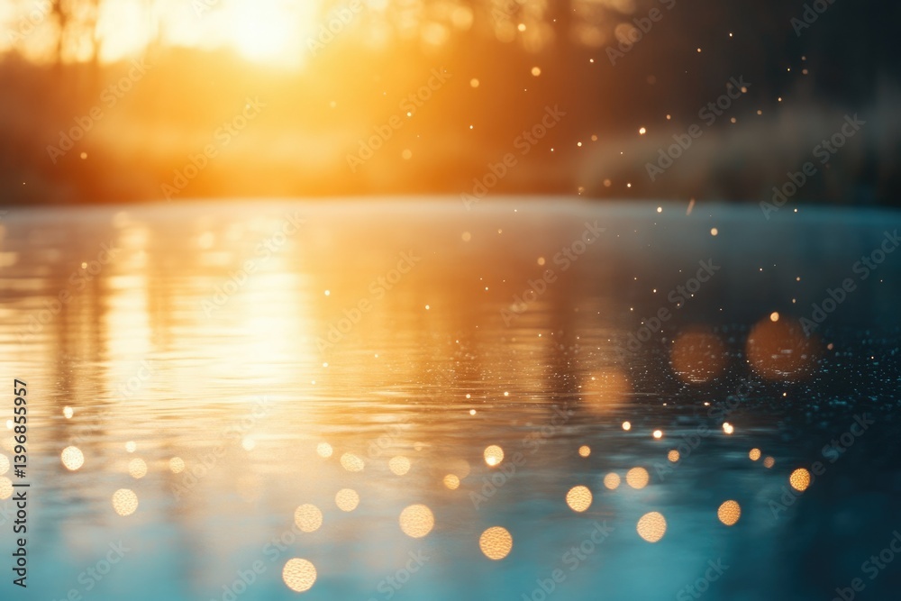 Poster golden sunset reflects on calm water, creating a magical, serene atmosphere with sparkling bokeh eff