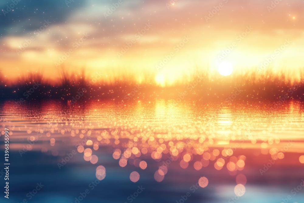 Poster serene sunset reflected on calm water, creating a magical, golden bokeh effect.