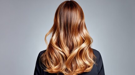 Fototapeta premium Woman with long brown hair is shown with her hair in a wavy style