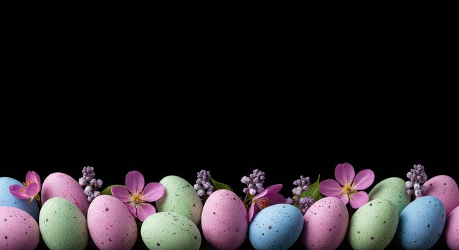 Colorful easter eggs and flowers displayed on a black background in a festive spring arrangement