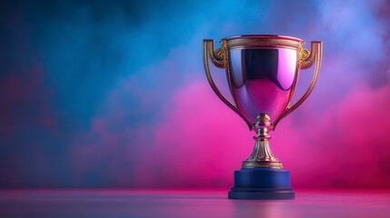 Gold trophy glows with violet reflections on blue base against colorful background