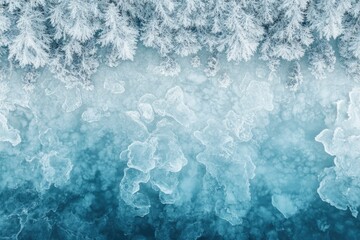 Fototapeta premium Aerial view of a frozen lake surrounded by snow-covered pine trees in winter.