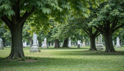 Peaceful cemetery scene with lush trees providing shade over gravestones in tranquil setting