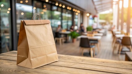 Brown eco-paper bag stands on a wooden surface with a blurred background of a restaurant. Natural materials and an eco-friendly approach. Ideal for packaging and decoration.