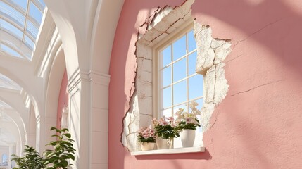 Window with a pink wall and a white frame