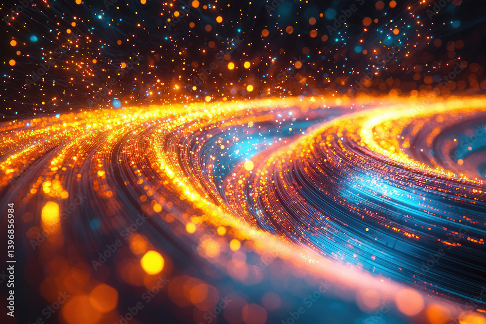 Aufkleber A vibrant abstract illustration featuring flowing lines of golden and blue light particles, creating a dynamic and modern design.