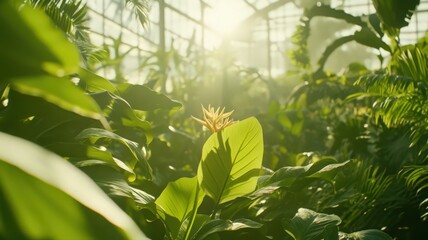 Lush Green Foliage in Sunlit Botanical Garden Interior with Vibrant Exotic Plants Under a Glass Roof Offering a Calming Peaceful Ambiance